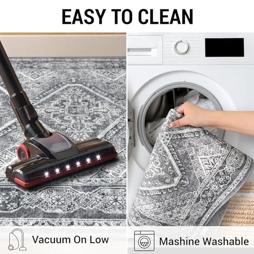 KUTA Medallion Washable Runner Rug 2.6x14, Non-Slip Hallway Kitchen Runners Grey with Rubber Backing, Ultra Soft Printed Distressed Oriental Vintage Extra Long 14ft Stairs Carpet Rugs