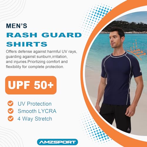 AMZSPORT Camiseta Rash Guard para Hombres, Protección UV UPF 50+, Camiseta de Manga Corta, Chaleco de Protección Solar de Secado Rápido para Natación, Surf, Pesca, Correr, Azul Marino, M - imagen 4