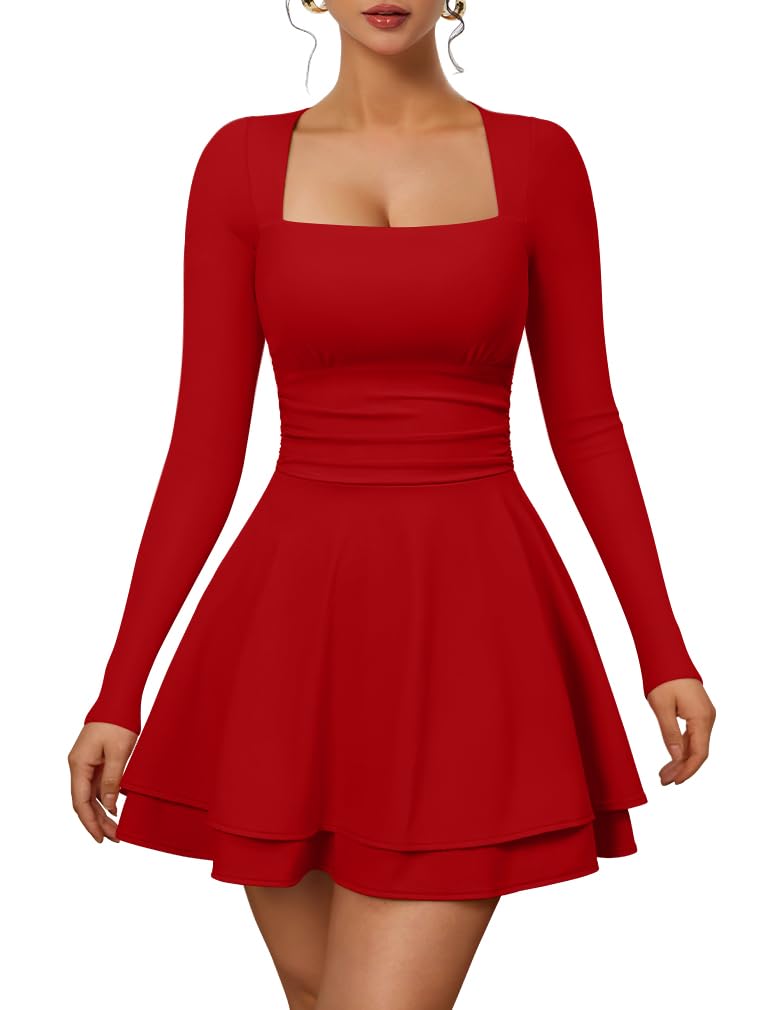 XXTAXN Womens Sexy Long Sleeve Square Neck Flowy Hem Ruched High Waist Party Mini Dress with Side Pocket
