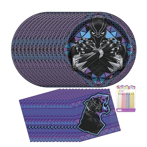 Black Panther Lot de fournitures de fête pour 16 invités – Assiettes et serviettes de table sous licence officielle de 22,9 cm avec bougies d'anniversaire – Décorations d'anniversaire Black Panther