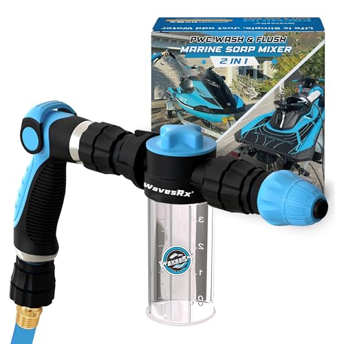 WAVESRX PWC Foam Cannon Sprayer & Engine Flush Mixer to Wash Salt Away | Dual-Use Soap Foamer and Marine Motor Flushing Kit for Jet Ski | Personal Watercraft Cleaning with Garden Hose Quick Connect