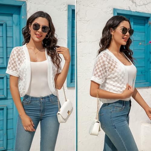 Image of FindThy Women's Cropped Bolero Shrugs Short Sleeve Open Front Floral Lace Hollow Out Cardigan Jacket