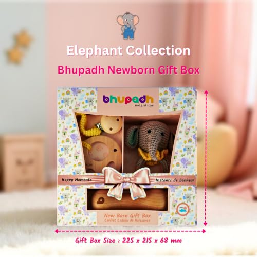 Image of Newborn Gift Box Elephant Collection (0-12 Months) | 3-in-1 Set with Crochet Rattle, Wooden Dumbbell Rattle & Elephant Teether | Montessori Baby Toy| BPA Free | Non-Toxic Cotton & Beechwood | Gift Box