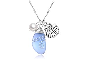 Bright Glass & Real Sea Shell & Freshwater Pearl Necklace (Blue & Shells)