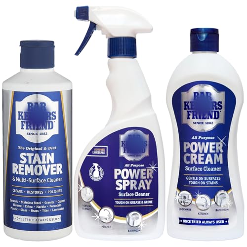 Bar Keeper Friend 3 Piece Household Cleaning Bundle Gift Set – Includes The Original & Best Stain Remover Powder 250g, Power Cream Surface Cleaner 350ml & All Purpose Spray 500ml – Multi-Surface Clean