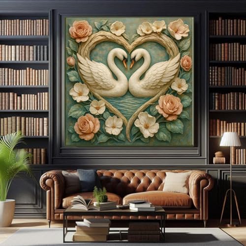 Tableau sur toile couple de cygnes sans cadre pour décoration murale cottagecore 70x70cm