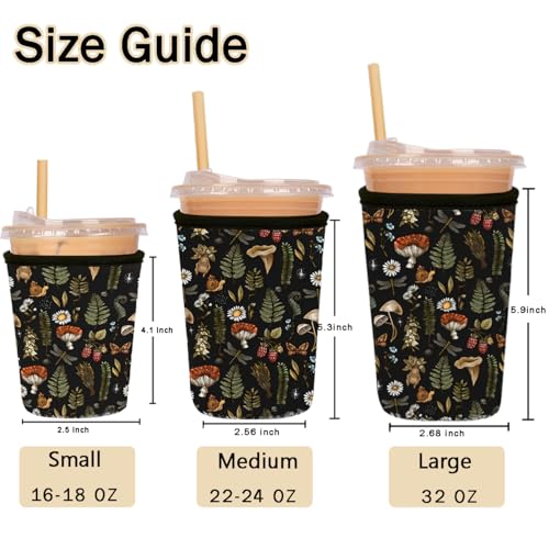 Image of Reusable Insulated Sleeve for Iced Coffee Cup, Coffee Neoprene Sleeve for Cold & Hot Drinks, Beverage Holder for Iced Coffee (Mushroom Mirage, Large: 32oz)