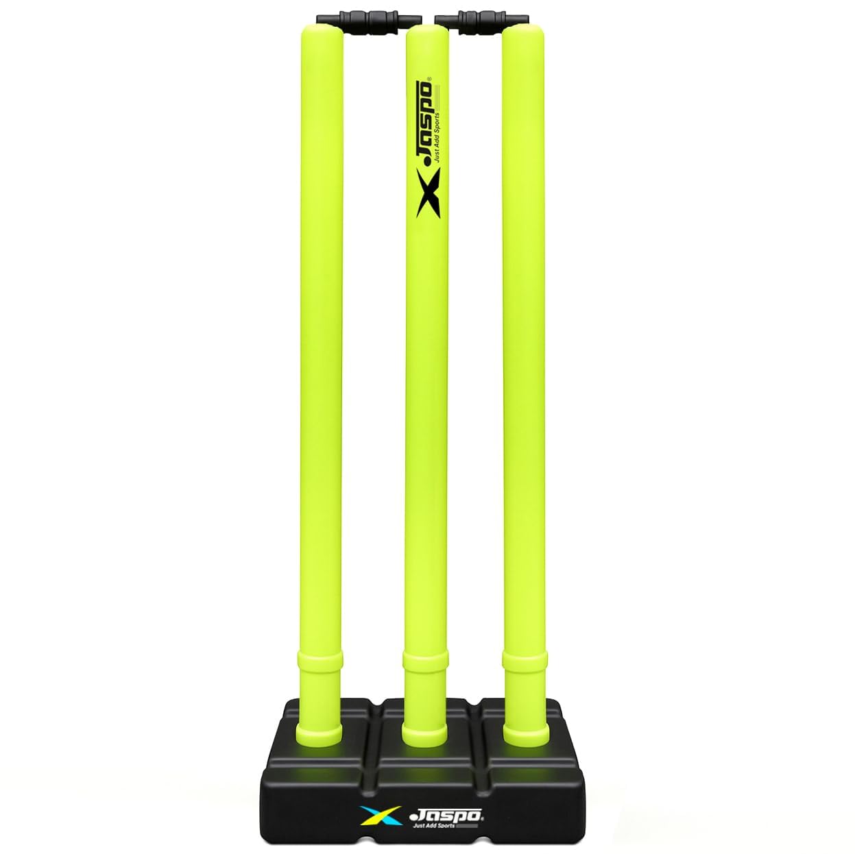 Jaspo PowerPlay Plastic Wicket Set with Stand & Bails | Standard Size Cricket Kit for All Ages | Practice, Match & Box Cricket Equipment | Tournament Quality Stumps (Color-Neon Yellow)
