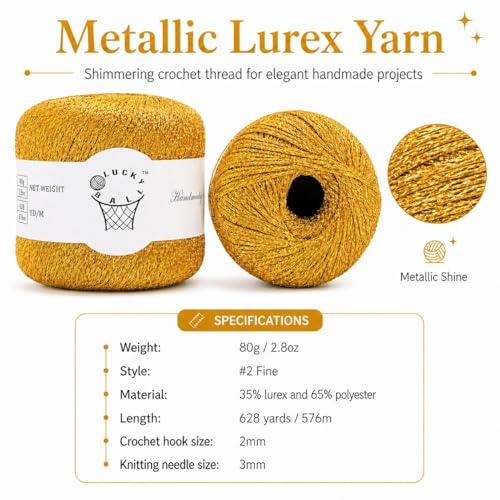 Image of 80g Sparkle Silver Lurex Thread Shining Yarn, Metallic Crochet Thread Yarn for Crocheting, Sparkle Metallic for Knitting Clothes, Car Charm, Keychain Charm(Bright Gold)