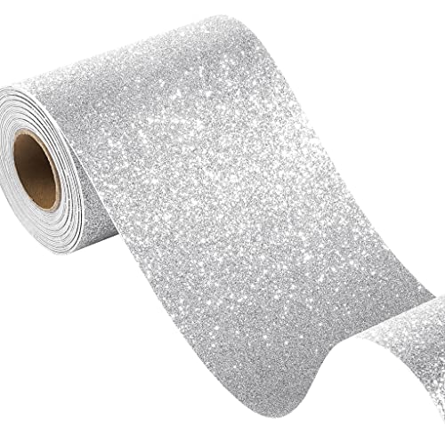 FunStick Papel tapiz con purpurina para despegar y pegar, borde de pared, tela autoadhesiva, bordes de papel tapiz plateados, decoración de papel de contacto con purpurina plateada extraíble para