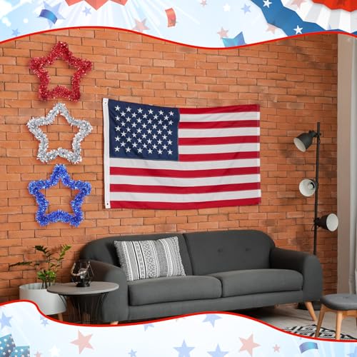 Image of 3 Pcs 4th of July Wreath for Front Door Patriotic Tinsel Wreath Star Tinsel Patriotic Garland Red White and Blue Garland for Memorial Day Independence Day Wall Window Home Party Supplies