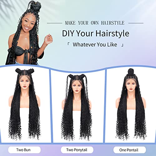 Kalyss 36”Full Double Lace Front Knotelss Box Braided Wigs With Baby Hair For Black Women Black Braid Wigs With Boho Curls Synthetic Lace Frontal Box Braid Hair Wigs #TOP3