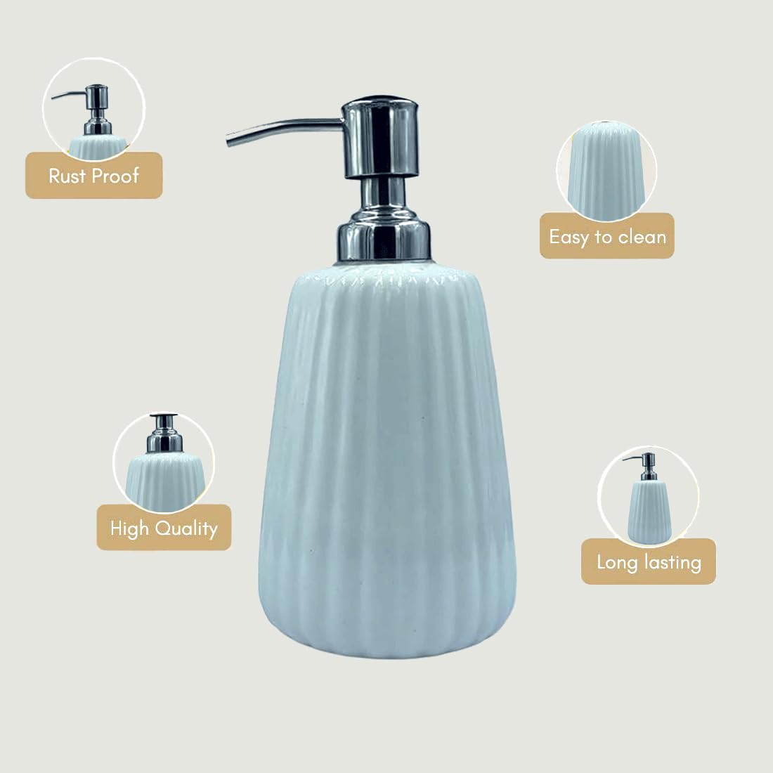 LOOKS FIRST Ceramic Liquid Soap Dispenser for Bathroom & Kitchen Handwash Dispenser with Removable Pump/Multipurpose Liquid Dispenser Bathroom Accessories | 420ml (White) - Image 5 thumbnail