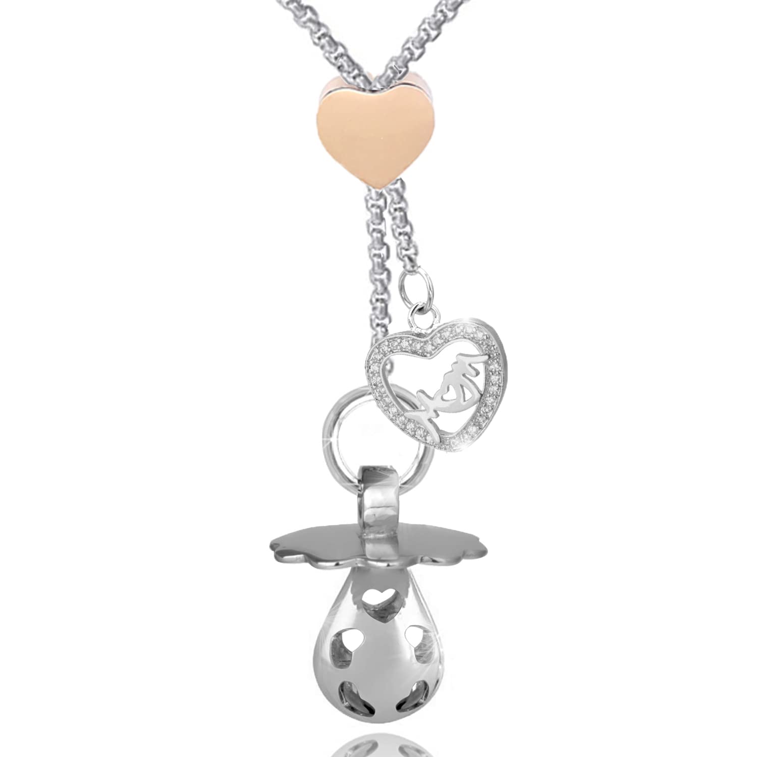 Collana Chiama Angeli SAGA GIOIELLI Per Gravidanza | Lunghezza Regolabile Con Ciuccio Sonoro E Cuore Rosé
