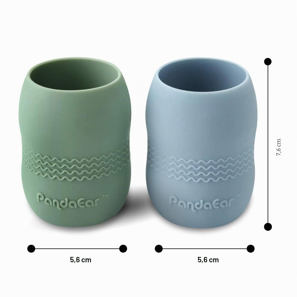 PandaEar Paquete de 2 vasos de silicona de 100% para bebés y niños pequeños, para autoalimentación, a prueba de goteos, aptos para microondas, 104 ml (azul/verde)