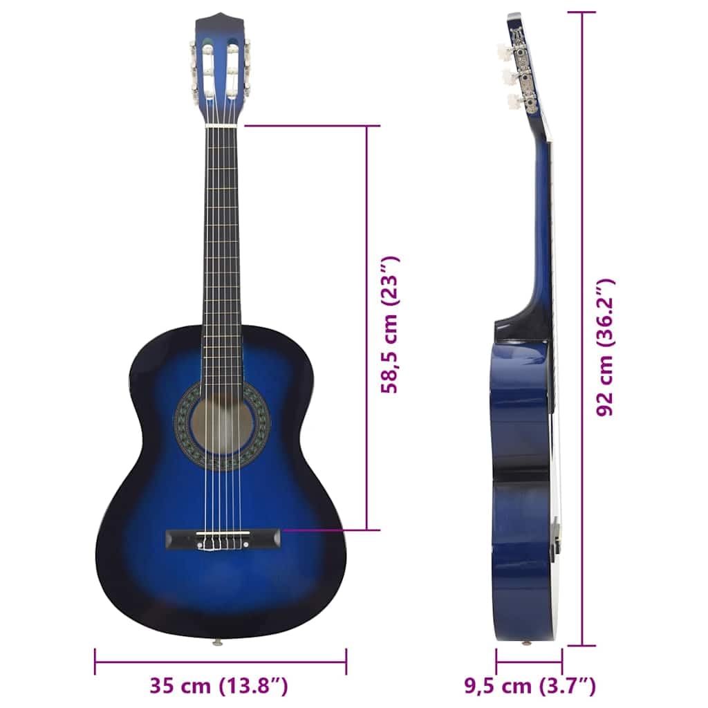 Chitarra classica per principianti e bambini, blu, 3/4, 91 cm, in legno di tiglio, con corde in nylon e tastiera in plastica dura, strumento ideale per l'apprendimento