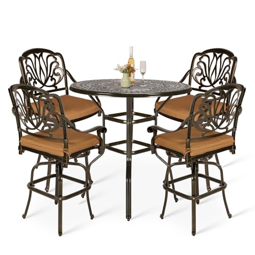 VIVIJASON 5-Piece Patio Swivel Bar Stools Set, All Weather Cast Aluminum Outdoor Bar Height Bistro Set with 4 Cushioned Bar Chairs & 38.5" High Bar Table w/Umbrella Hole for Backyard, Lawn, Garden