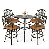 VIVIJASON 5-Piece Patio Swivel Bar Stools Set, All Weather Cast Aluminum Outdoor Bar Height Bistro Set with 4 Cushioned Bar Chairs & 38.5' High Bar Table w/Umbrella Hole for Backyard, Lawn, Garden