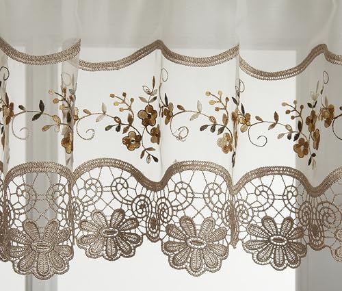 Today's Curtain, Vintage Macramé Organza Valance 14", Ecru/Gold, 58" W x 14" L