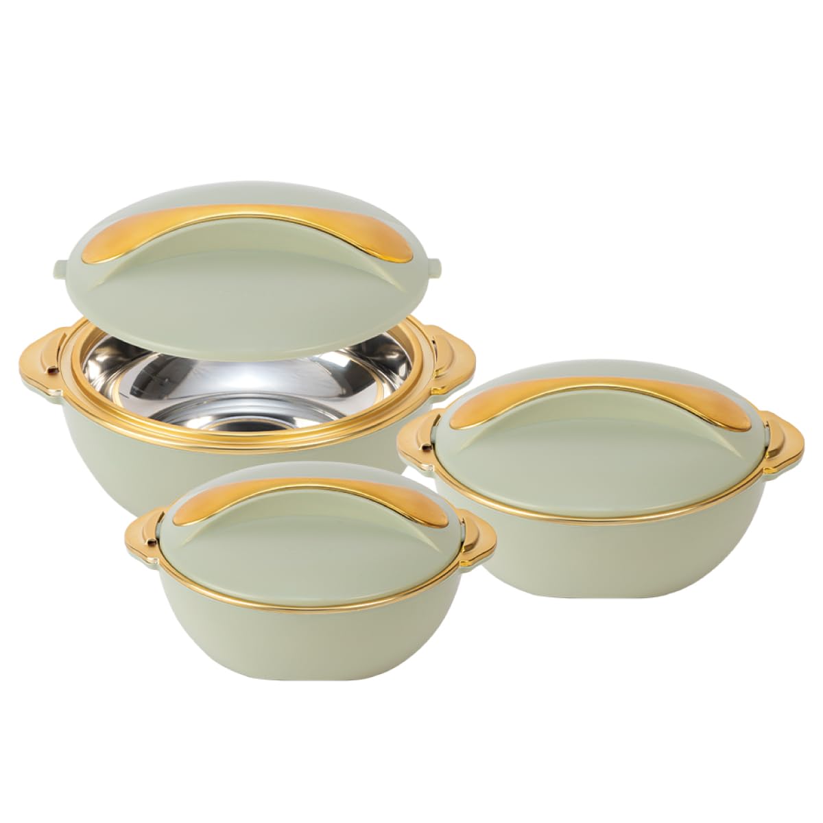 Pinnacle Lot de 3 cocottes isothermes avec couvercle – 3/2/1 litre – Réchauffeur/refroidisseur de nourriture – Plats de service thermiques avec couvercles – Récipient pour aliments chauds en acier