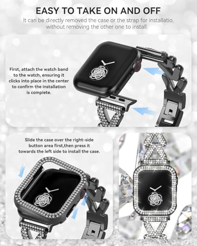 Image of Rhinestones Encrusted Metal Bracelet and Case, Compatible with Apple Watch Bands 38mm-49mm (Series 11 /10 /1 /SE /Ultra 2)- Bling Gold Women's Jewelry Strap, Luxury iWatch Bracelet