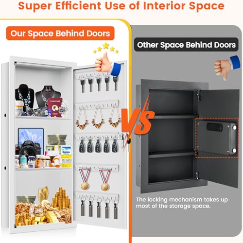 Image of 29.53 inch Tall White Wall Safes Between 16 inch Studs | 33% Larger Capacity & Lock | Lockable Hidden Safe Box with 2 Removable Shelf & Hooks for Keys Jewellery | Home In Wall Safe for Money Medicines Valuables