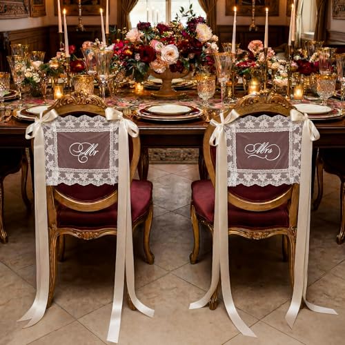 Breling 2 Pcs Lace Mr & Mrs Wedding Chair Signs Sweetheart Table Chairs Back Banners Covers Decorations with Ribbon for Bride and Groom, Mr & Mrs Ceremony Reception