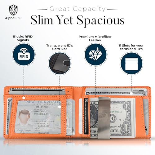 ALPHA PAIR Smart Wallet with AirTag Holder & Clip - Minimalist Bifold RFID Blocking Wallet - AirTag Wallet Men with Money Clip, 10 Credit Card Slots, 1 Transparent ID Window – Mens Wallet- Orange4