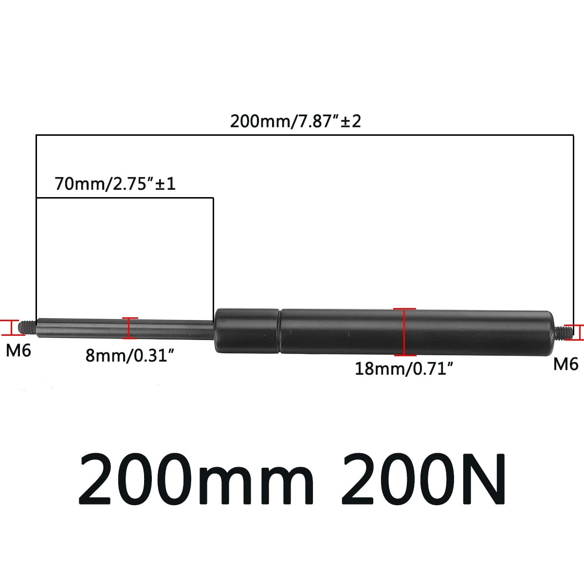 Genérico 2 Uds 200N 260-500mm Barras Puntal Gas para Coche Resorte Gas Capó Varilla Soporte Elevador Choque Cama Ventana Autobús Caravanas(200mm)