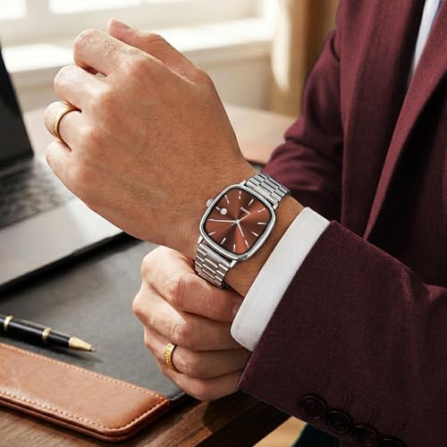 Image of Acnos Luxury Square Dial Quartz Watch for Men & Women - Stainless Steel Bracelet, Minimalist Analog Wristwatch with Date Window Pack of 1