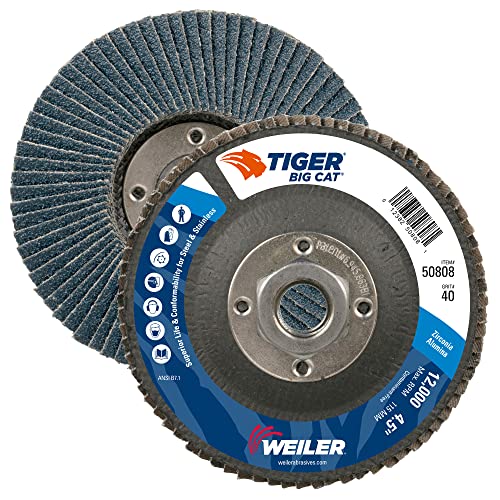 Image of Weiler 50808 Big Cat High Density Type 27 Flat Flap Disc, Zirconia Alumina, 4-1 /2 inch, 40 Grit, 5 /8 inch-11 inch UNC, 12000 rpm