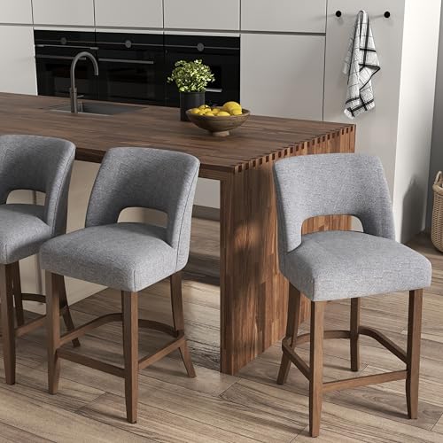 Image of VKNOW Bar Stools Set of 6, 26 inch Upholstered Counter Height Bar Stools,Modern Counter Stools with Wood Legs for Kitchen Island Dining Room Bar,Fabric Grey