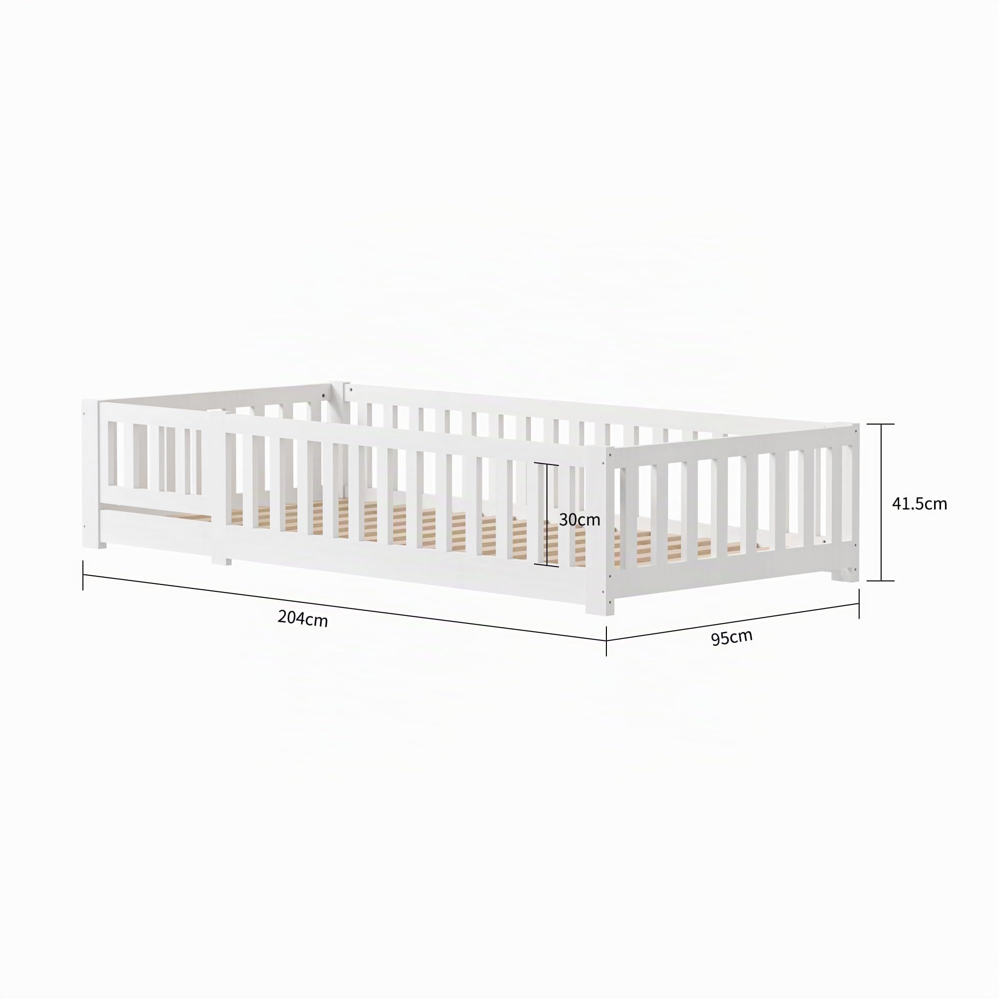 Bodenbett 90x200 cm Kinderbett mit Rausfallschutz und Lattenrost, Montessori Bett für Kinder, Kiefer Massivholz, weiß (Weiß, 90 x 200 cm)
