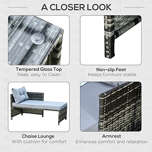 Outsunny 3 Piece Patio Furniture Set, Rattan Outdoor Sofa Set With Chaise Lounge & Loveseat, Soft Cushions, Tempered Glass Table, L-Shaped Sectional Couch, Light Gray #TOP4