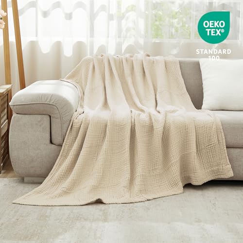 EMME Cotton Throw Blanket Large 50"x70" Gifts for Women 100% Muslin for Couch Breathable Gauze All Season Soft and Lightweight Pre-Washed (Light Tan)