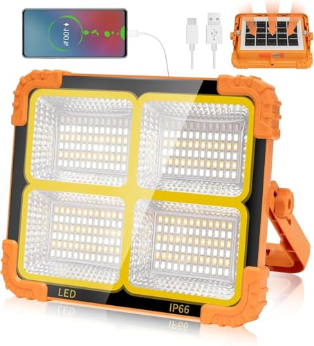 100W Solar LED Work Light, Rechargeable Flood Light with 12000 mAh Battery, USB Power Bank, IP66 Waterproof for Camping, Garage & Emergency