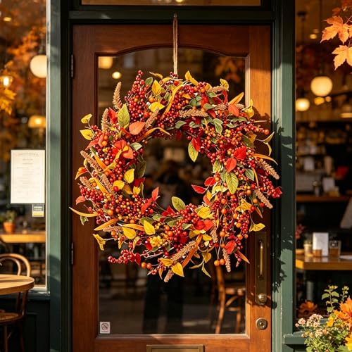Wreaths for Front Door, 13 Inch Easy to Maintain Lightweight Versatile Realistic Red Berry Decorative Faux,Fade Resistant Weather Resistant Artificial Fall Wreath for Farmhouse Home Wall (Orange) - image 3