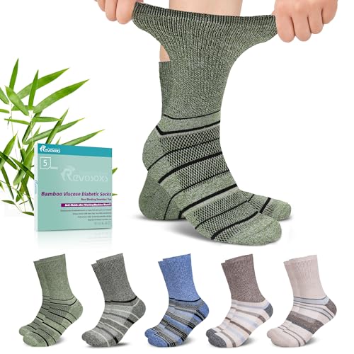 Image of Revosoxs Diabetic Crew Socks for Men Women,Bamboo Viscose Non-Binding Loose Top Wide Socks with Seamless Toe 9-12 10-13