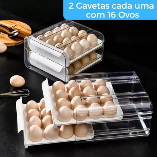Suporte Porta Ovos para Geladeira - Bandeja Organizador de 2 Camadas Andares com Gavetas Deslizantes