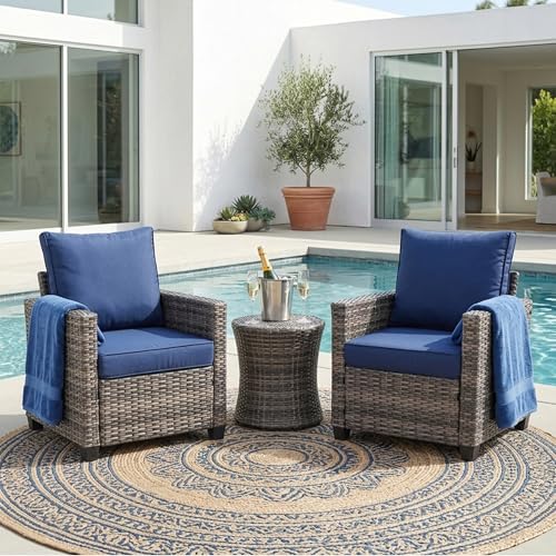 Decksplore 2 Piece Outdoor Patio Sofa Chairs Set Wicker Armchairs with 4.3 Thick Cushions & High Backrests All-Weather Rattan Porch Chairs Patio Furniture Set for Balcony Deck (Blue)