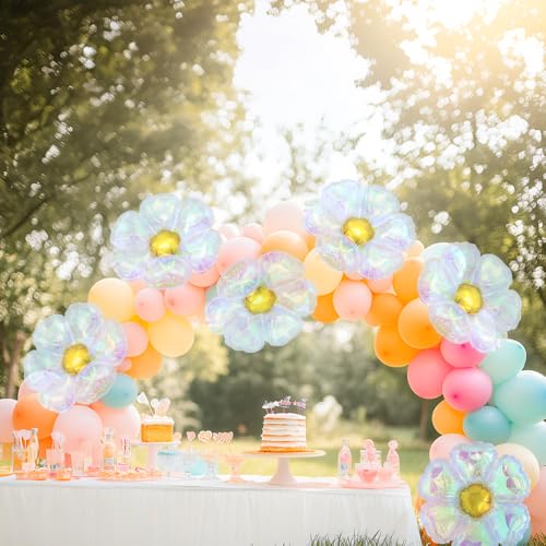 Image of Iridescent Crystal Daisy Flower Balloon, Lovely 6 Pack Transparent Rainbow Groovy Daisy Floral Balloons For Bridal Shower Wedding Birthday Baby Shower Gender Reveal Party Decoration Supplies