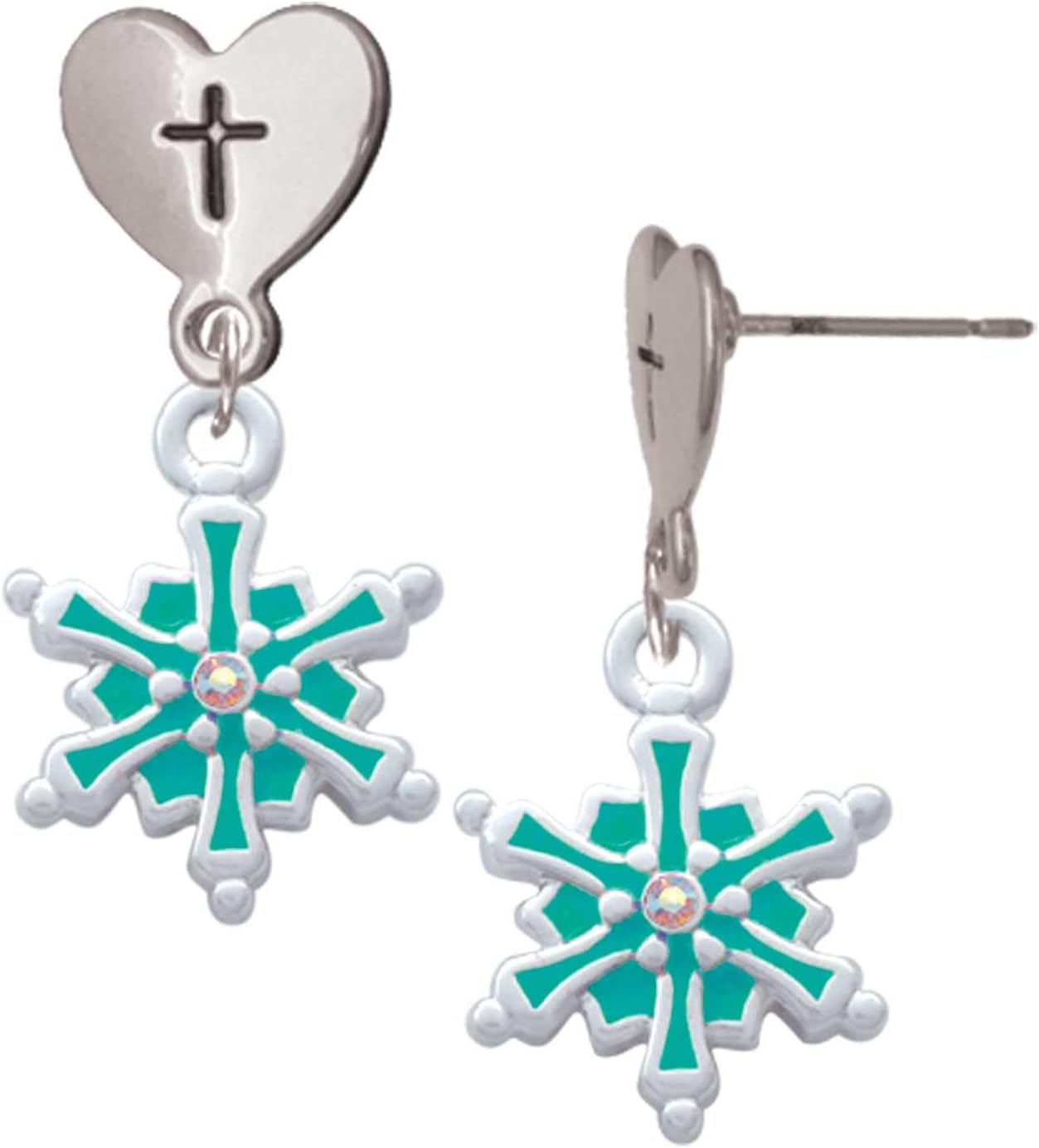 Delight Jewelry Enamel Snowflake with Clear Crystal Silvertone Cross in Heart Post Dangle Earrings