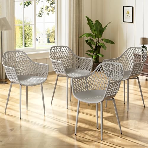 buybyroom Sillas de Comedor, Sillas de Cocina Pack 4 con Reposabrazos, Patas de Metal, Respaldo Ergonómico, Asiento Ancho, para Comedor, salón, Capacidad de Carga 120 kg, Gris
