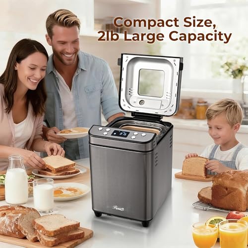 Image of Rosewill 25-in-1 Automatic Bread Maker Machine with 3 Loaf Size up to 2 Lb, 700W High Power Dual Heater with BPA-free Nonstick Coating Pan, Max 15 Hours Delay Timer, Low Noise - Gray