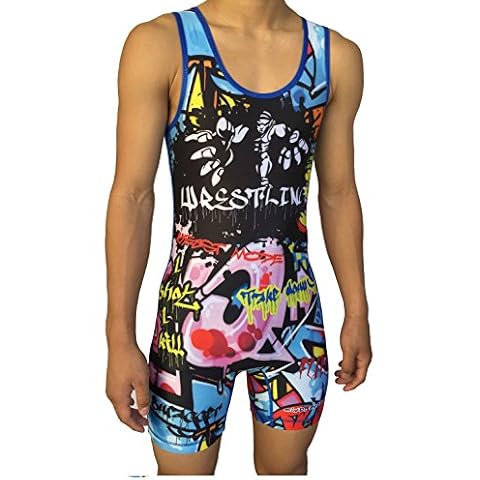 TRI-TITANS Limited Edition Blue Graffiti Wrestling Singlet Folkstyle Youths & Adult Men's (Youth M: 40lbs-55lbs) Cover