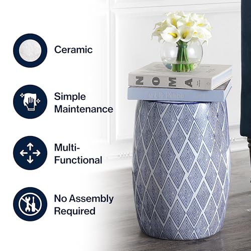 JONATHAN Y Moroccan Diamonds 18" Ceramic Indoor/Outdoor Garden Stool, Bohemian Blue and White Geometric Drum Decorative Accent Side Table or Plant Stand TBL1019A by JONATHAN Y - Image 6