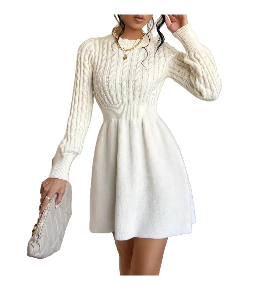 Womens Knitted Autumn Winter Waist Cinched Round Neck Twist Mid-Length Dress