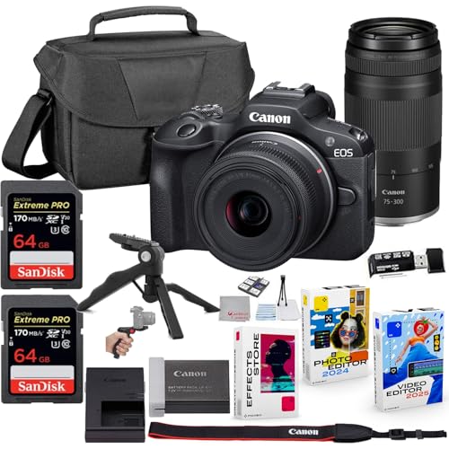 Image of Canon EOS R100 Mirrorless Camera with 18-45mm & 75-300mm Lens Bundle + 2X 64GB Extreme Memory Card Accessory Kit with Bag, Hand Grip Tripod & Software Package