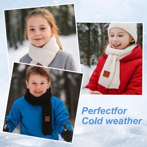 2Pcs Warm Kids Winter Knit Scarves, Soft Knitted Neck Warmer Toddler Scarf, Child Warm Scarves Wrap for Boys Girls, Kid Christmas New Year Gifts (Black, Beige)4