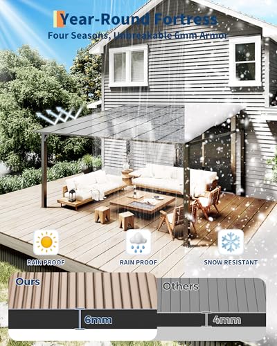 10' x 14' Upgraded Lean-to Wall-Mounted Gazebo | 6mm Polycarbonate Roof & Reinforced Aluminum Frame | All-Weather Hardtop Pergola for Patio, Deck, Backyard (2024 Enhanced Design)